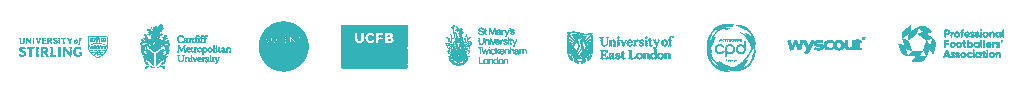 PFSA education partners: University of Stirling, Cardiff Metropolitan University, Solent University, UCFB, St Mary's University Twickenham London, University of East London, CPD Accredited, Wyscout and the Professional Footballers' Association